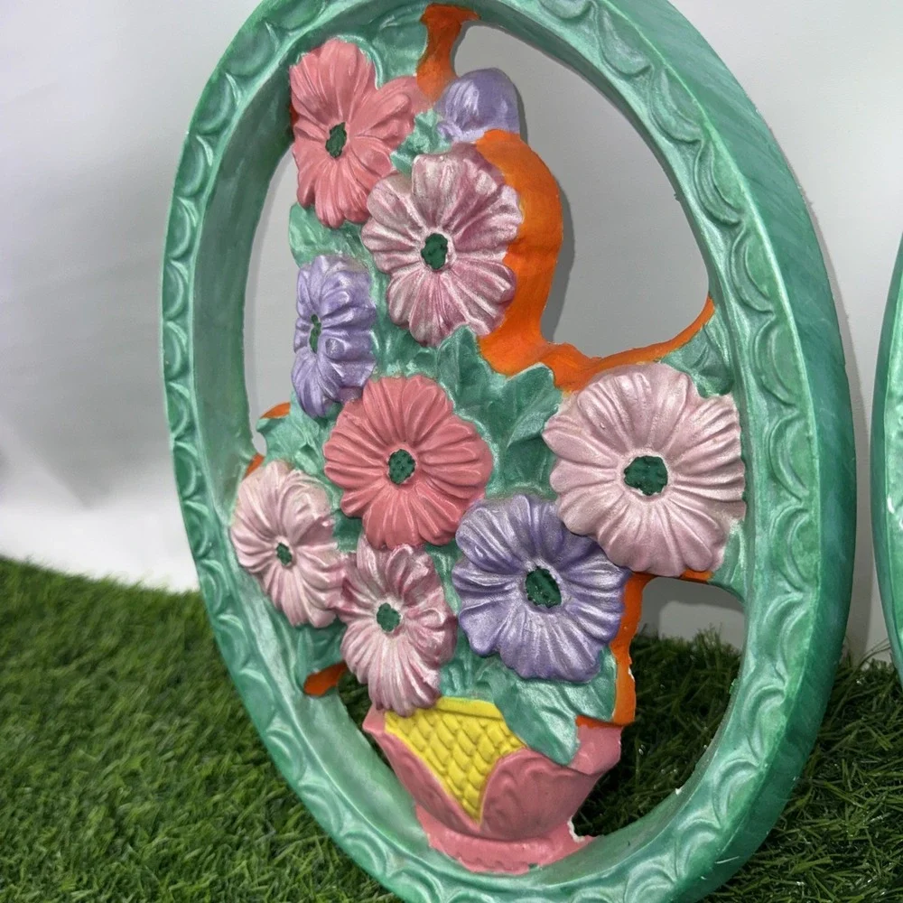 Vintage Floral Wall Plaques Set of 2 Chalkware Syroco Style Pastel Flowers Chips
